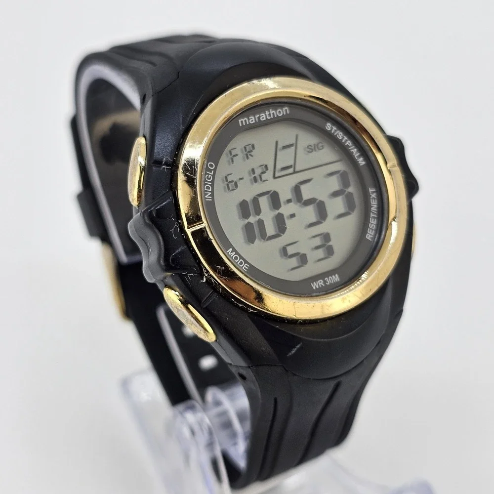 Marathon Unisex Digital Sports Watch 42MM Gold Bezel Black Plastic Bands Working